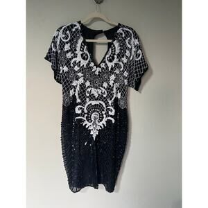 Vintage Champ Ellyse 100% silk Sequin Beaded V-neck Mini Evening Dress Large